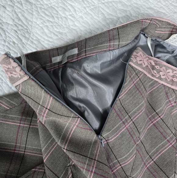 Etam Pink And Grey A-Line Plaid Lace Trim Pleated Knee Length Skirt - Picture 6 of 11
